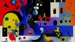 A violet mad doctor's chateau with a toxic moat painted by Joan Miro