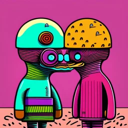 Two cartoonist drawn worms in love, staring at each other, absurdist, retrofuturism, pop art, romantic, gonzo drawing style, beszerk, strange, dune art style