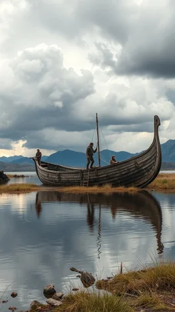 An old abandoned ship side view appeared on a little lake , a Stone Age men caring hunting tools are around it wondering, some one of them climb on it , in stormy thunderstorms and clouds , and some mountains in the distance background