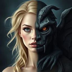a portrait of a fantasy person. One half of their face is an attractive blonde woman in the day, the other a gargoyle statue at night