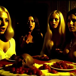 Horror movie shot, spooky, ultra realistic, dine, enjoy, ultra realistic hot blonde women, party, pieces of meat, organs, ail dynamic, anguish, very excited people, hypermaximalist figures, light, 1970's Italian horror movie, sinister, John Carpenter, Dario Argento, Stanley Kubrik, ornate, 4k, photorealism