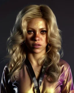 portrait, Shakira, blonde artist, angry, Realistic image, MMA robe, hoodie, mma gloves, loose long hair, eyes make up, gold line make up, moisture, sweat, fog, goddess, Neon colors, leds. Black background, photo studio, concept art, smooth, unreal engine 5, god lights, ray tracing, RTX, lumen lighting, ultra detail, volumetric lighting, 3d, finely drawn, high definition, 4k.