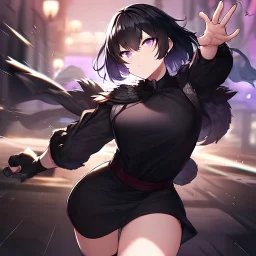 Clear focus,High resolution, Black short fluffy hair, and purple eyes, wearing a black outfit, must wear a short skirt,fighting stance