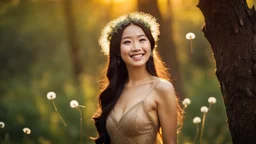 A gorgeous smiling Asian model in a fairy outfit in a wood with 1000 y/o trees, a small torrent and dandelion seeds in the air at sunset