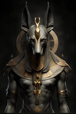 upper body and face of Egyptian god Anubis, textured skin, hieroglyphs on clothing