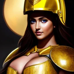 ultra detailed fullbody Portrait in oil on canvas of a beautiful busty woman with Saint Seya Gold armor with helmet,extremely detailed digital painting, extremely detailed face,crystal clear Big eyes, mystical colors ,perfectly centered image, perfect composition,rim light, beautiful lighting, 8k, stunning scene,extremely sharp detail, finely tuned detail, ultra high definition raytracing, in the style of robert e howard and pablo oliveira and Ken Kelley and Ohrai Noriyoshi and Simon Bisley