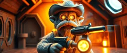 air brush 3d with pen outline,boss gunslinger western fluffy elder edgy hero with slightly glowing eyes in front of glistening space lobster dog, shallow depth of field, warm lantern, pin hole cam in doll house space ship, bottom floor board edge border
