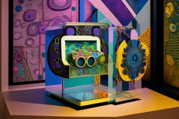 teleport machine in glass box in gallery in the style of Eileen Agar