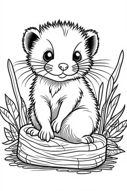 cute coloring page, sketch style, cute baby ferret in the wood, cute cartoon, white and black, withe background, no shadows, outline.