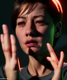 Ultra Realistic image portrait, medium shot view, woman making the “fuck you” finger gesture, highly detailed, unreal engine 5, RTX, ultra detail, volumetric lighting, finely drawn, high definition, high resolution.