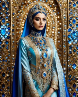 Gorgeous photography stand pose Beautiful super model Iranian hijab islamic dressing Luxury Queen colorful art conceptual, amazing artwork,close-up portrait,crystal diamonds shappire ornaments background