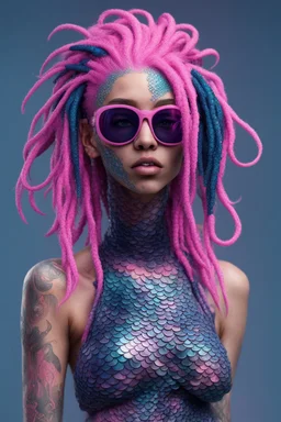 entire body mermaid cyberpunk some fish scales on face pink and indigo hair dreadlock sunglasses