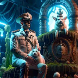 shipyard portrait of Mexican macho gestapo army officer on a ladder inside glowing mushroom grove with huge fluffy space rabbit, 4 k, down-light, soft light, depth of field, photo realism, trending on art station, high detail, spray paint