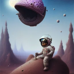 1yo little boy is on safari on the moon. riding a pink dinosaur. he has big and a funny hat. High detailed. Cinematic. oil on canvas painting. Warm lights. beksinski