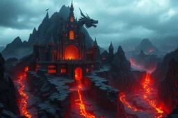 Ultra realistic photo of an enormous dragon palace carved into a volcanic mountain, dark stone architecture, glowing lava rivers, majestic fantasy design, dramatic atmosphere, realistic materials, cinematic lighting, breathtaking composition, HOF, full size, (((realism, realphoto, professional DSLR photography, ultra realistic, photorealistic, 64k)))