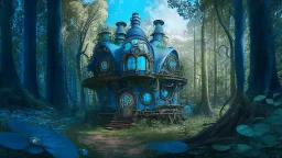 steampunk cottage in a woodland glade with blue sky