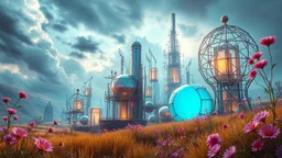 Dynamic cifi country side ,hypnotic of 3D structures Symmetry twisting and morphing between cifi plants , cifi flowers and metal geometric 3d structures buildings , smooth translucent iridescent glass with inner glow and bubbles, varied transparent materials, stormy skies, intense dramatic