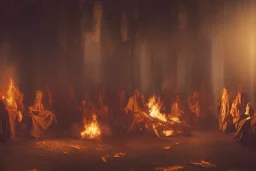 Council of cloaked people gatherd around a fire inside a temple, Dark atmosphere