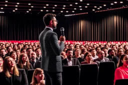 The image shows a confident speaker on stage, addressing a large audience with enthusiasm. The audience seems distracted and interested, and the setting exudes an atmosphere of elegance and impact.