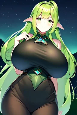 Cute elf girl, green and yellow hair, nighttime background, normal body, leather attire