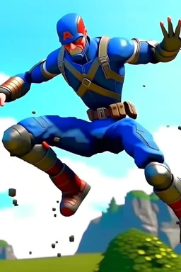 Create a picture of captain america falling from the skye to a pit animated like fortnite