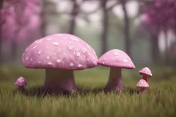 a cute fairy mushroom house pink and blue in the forest, spring time,rabbits, squirrels, light