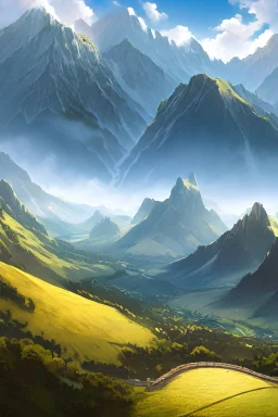 A poster-style depiction of mountains, aspect ratio 32:9, resolution 3600x1080