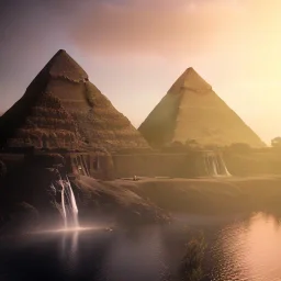 Giza Piramitleri fantasy art, island waterfall palms twigs spring sunset rainbow bridge birds, lighting, cinematic, extremly, mist, unreal engine 5, cinematic lighting, beautiful, photorealistic, abstract