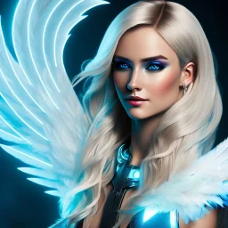 A beautiful portrait of a cute smiling cyberpunk woman with wings, long blond haire, high key lighting, volumetric light high details with white stripes and feathers and blue celtic paterns and luminous glasses in a starry background