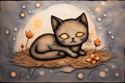 painted and burned burlap, moonlight, cute chibi sleeping kitten in a flower, styles of Paul Klee Dee Nickerson and Tim Burton, melting watercolor and black ink outlines on wet paper, soft, shading strokes, in candlelight, ethereal, otherwordly, cinematic postprocessing, bokeh, dof