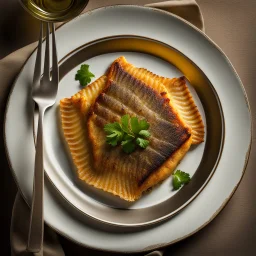 a fried (((flatfish))) served on elegant porcelain plate with steel forks; overhead shot, UHD photo, photo-realistic, award-winning photo, extremely detailed, ultra-high quality, amazing reflections, beautiful textures, excellent shadows