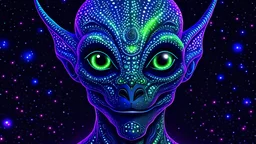 An attractive alien race with star-like patterns on their skin, resembling constellations in the night sky. Their eyes shimmer with cosmic colors, and their presence gives off a comforting warmth.