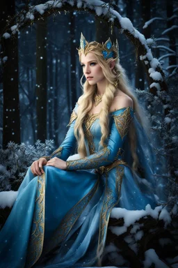 Elven princess,elven crown,long white blonde golden hair,rapunzel hair,ice flowers,beautiful,light blue,dark blue,golden armor,sparkle,glitter,ice flowers,snow,elven ears,dark fairy princess