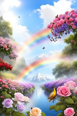 Trés belles roses, rainbows, beautiful colors gardens , flowers, cascades,Birds, butterfly