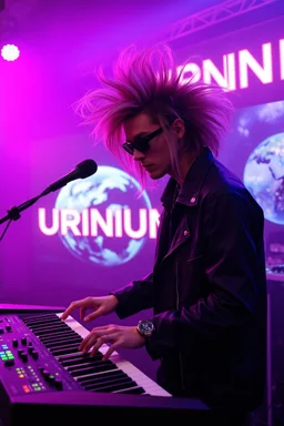 French cool synth player with crazy techno acid hair, he is called "Jean-Maurice Brûlée" performing at dance club, his name is "Jean-Maurice Brûlée" , white and purple Neon lights and purple smog, and "URINIUM" big sign on the wall, he is playing on synthesizers on stage with lot of laser beams and wearing black sunglasses, an earth is projected in background