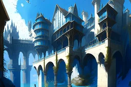 medieval buildings with balconies overhanging lake edge with blue sky and people, photorealism, fantastical, intricate detail, splash screen, concept art