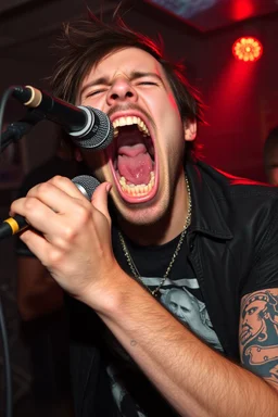 A very angry and bitter punk rocker screaming at microphone, very aggresive image in a club house, his name i FOLKE