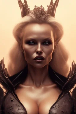 Pamela Anderson as evil queen in black leather, leather, busty, cleavage, angry, stern look. character design by cory loftis, fenghua zhong, ryohei hase, ismail inceoglu and ruan jia. unreal engine 5, artistic lighting, highly detailed, photorealistic, fantasy