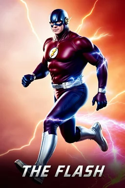1/4 side view, looking at the viewer, Movie Poster - "THE FLASH" - A massive, thick, extremely muscular, 7'8" tall man, ((skintight, formfitting, long-sleeved, Blue spandex bodysuit:1.5)), ((Silver knee-high boots:1.5)), ((Silve wrist gauntlets, blue fingerless gloves, silver, double holstered utility belt:1.5)), ((skintight, formfitting, blue spandex helmet with blue eye disguise,:1.5)), Running, multicolored lightning emanating from his body, an overly exaggerated muscular stature