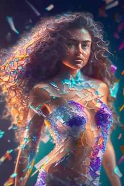 Shattered glass, insanely beautiful female with beautiful wavy hair and perfect body figure (athletic body type) wearing mini clothes intricate intricate details very attractive fantastic view 4K 3D colourful amazing light effect 4K resolution concept art acrylic colors