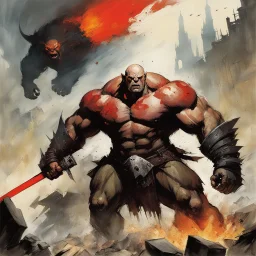 [art by Alex Maleev] In the heart of a rugged battlefield, a colossal bald warrior, a behemoth of strength and determination, engages in a fierce confrontation with a savage orc. The clash between the two titans reverberates through the air, echoing the primal struggle for dominance. The giant warrior, muscles bulging and eyes ablaze, wields a massive weapon with precision, while the orc, a formidable foe with green skin and tusks, retaliates with brutal ferocity. Each blow exchanged is a testam