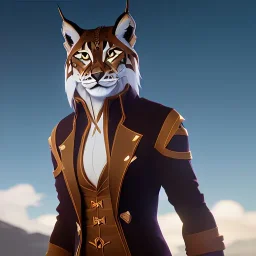 a lynx with golden fur disguised as a man standing on a mountain