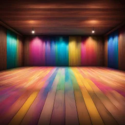 Central Symmetrical View Of A Colorful Wooden Floor & Wooden Wall With Colorful Brush Strokes In An Empty Room With Colorful Stage Lights.