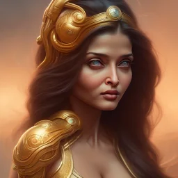 Aishwarya rai , cute, beautiful, long hair, wavy hair, black eyes, head and shoulders portrait, cinematic, 8k, resolution concept art portrait by Greg Rutkowski, Artgerm, WLOP, Alphonse Mucha dynamic lighting hyperdetailed intricately detailed ,golden hour, face closeup ,snake goddess