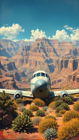 A 1950 commercial airplane with broken glass and doors in front of crashed in the bottom of the Grand Canyon valley, iit is surrendered by the high Grand Canyon mountains in the desert, in a forgotten battlefield over run by vegetation, cutesy tiktok detailed oil painting, grainy, old style
