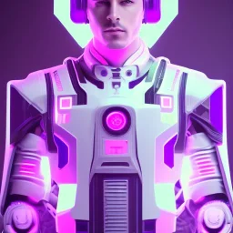 cute man, handsome man in futuristic suits, black and white highlight hair color, pink and purple background, pink lighting, deep purple backlighting, gun, smoke, robot suits