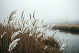 Ultra-realistic cinematic photo of tall pampas grass with white feathery plumes, swaying softly in the wind, beside a slow river reflecting the grey sky, soft mist rising, atmosphere of nostalgia, inner sadness and hidden beauty, detailed textures, emotional, enchanting, poetic landscape