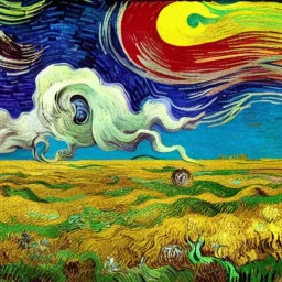 collaboration between Salvador Dali, Vincent Van Gogh, and Jean Baptiste Monge. Swirling rainbow storm clouds over a vast field of long grass and plentiful flowers swaying in the winds.