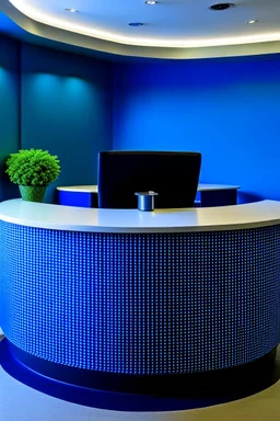 A circular blue reception desk with three chairs