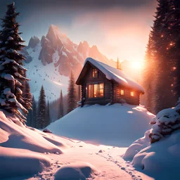 a cabin on a snowy mountain at sunset, a matte painting by Sebastian Spreng, shutterstock contest winner, photorealism, matte painting, anamorphic lens flare, creative commons attribution